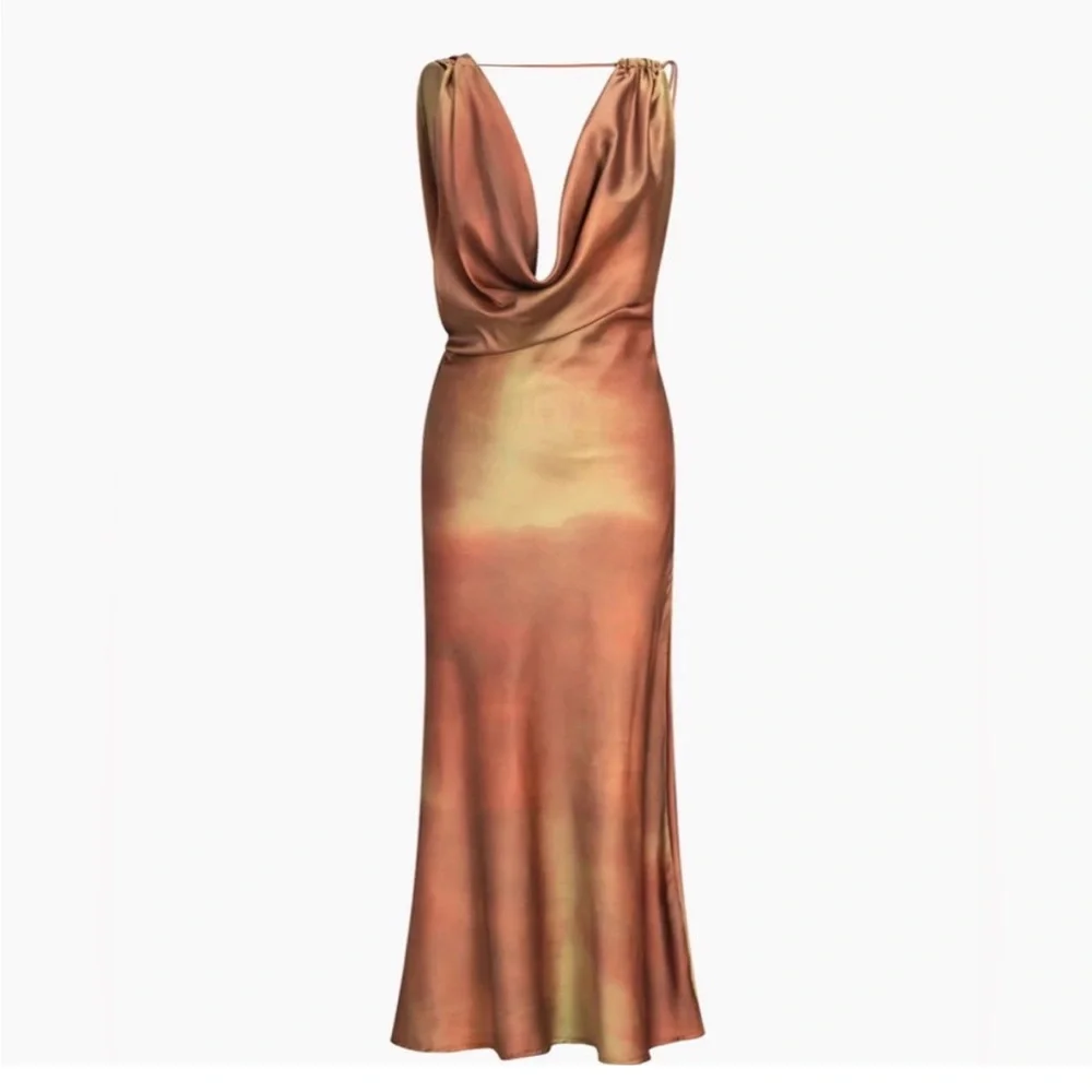 🌅 Orange tie dye sunset printed silky satin strappy open back midi slip dress - Picture 2 of 9